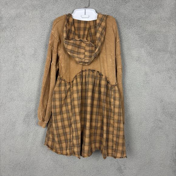J. HER Mineral Wash Plaid and Raw Hoodie Top sz Medium Raw Out seam Lagenglook - Picture 3 of 12